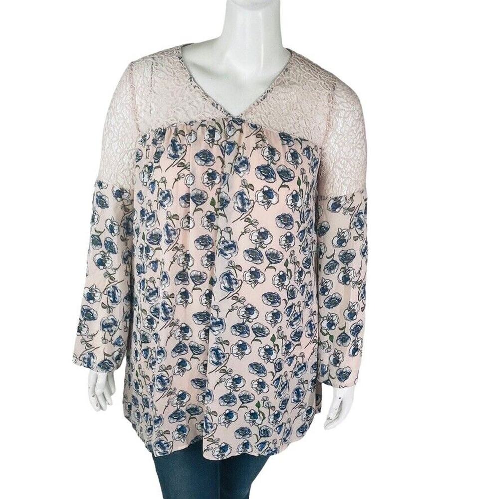 New Entro Womans Sz Large Pink Blue Long Sleeve Floral Blouse Lace Bell Sleeve